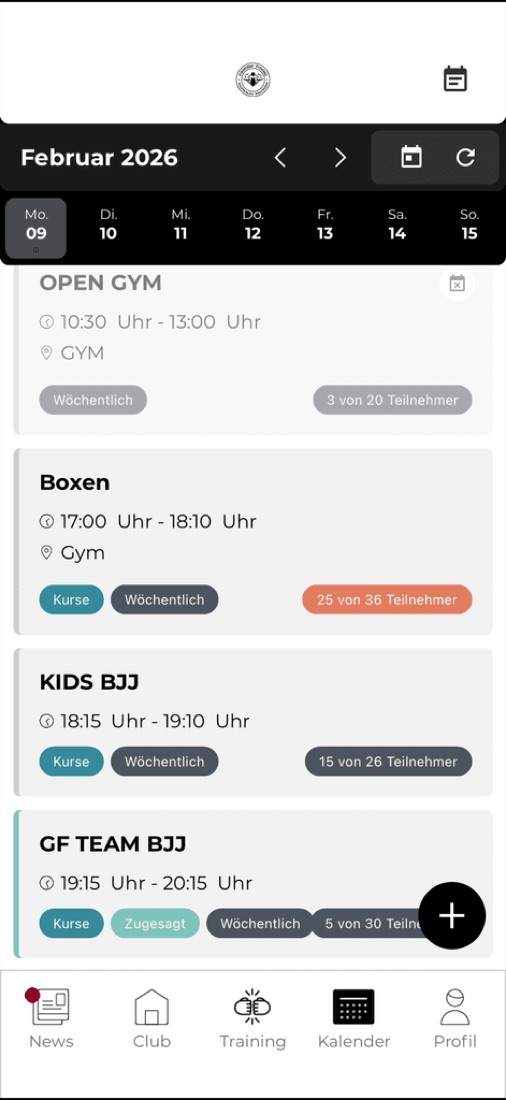 Fightholics App: Kalender mit Kursen und Anmeldung